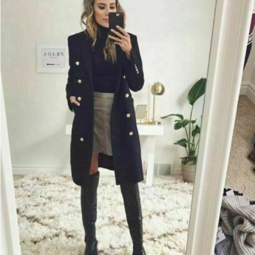 Zara Elegant Black Coat with Gold Accents and Over the Knee Boots